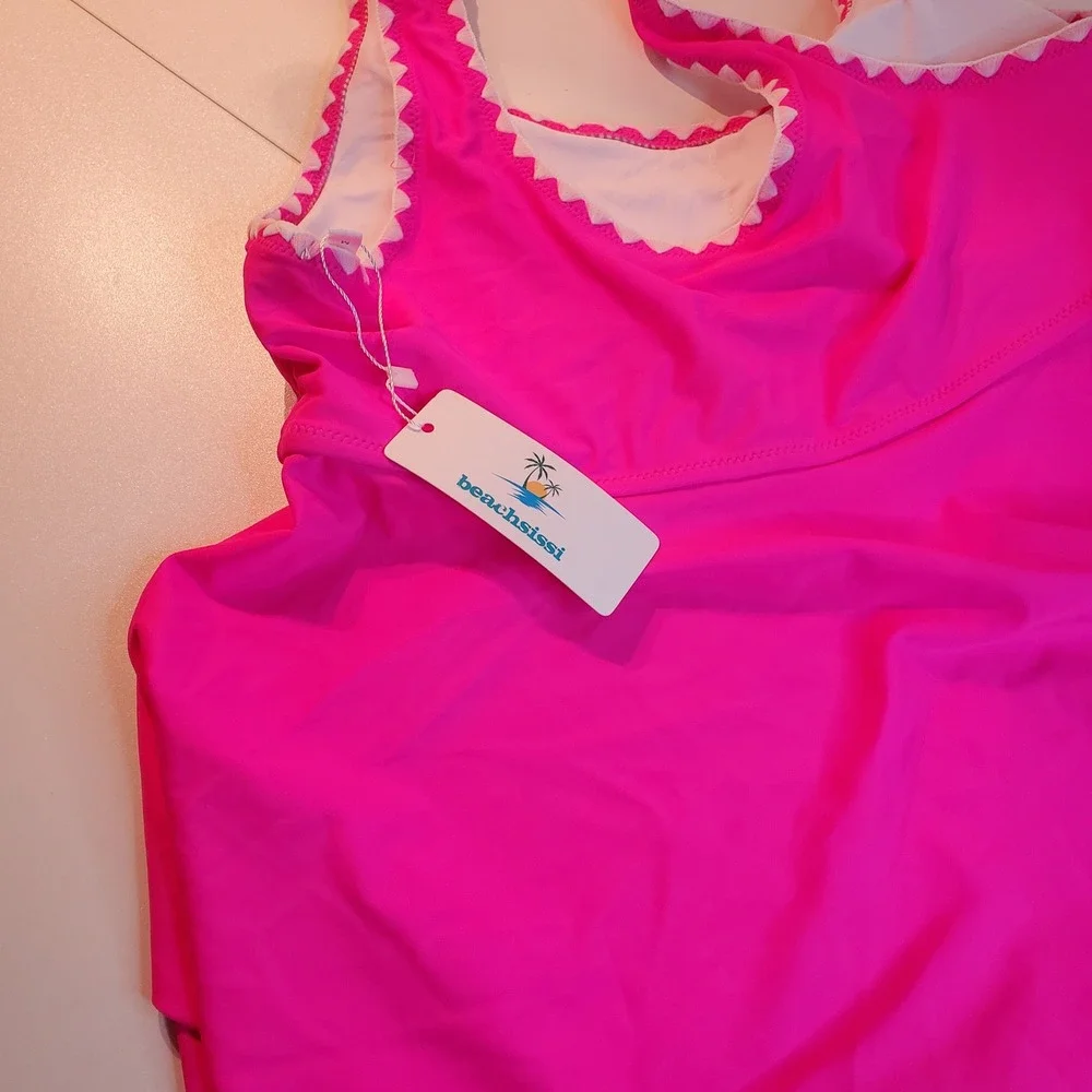 Hot Pink Ric Rac Trim Peplum Tankini Swimsuit Set Medium NWT